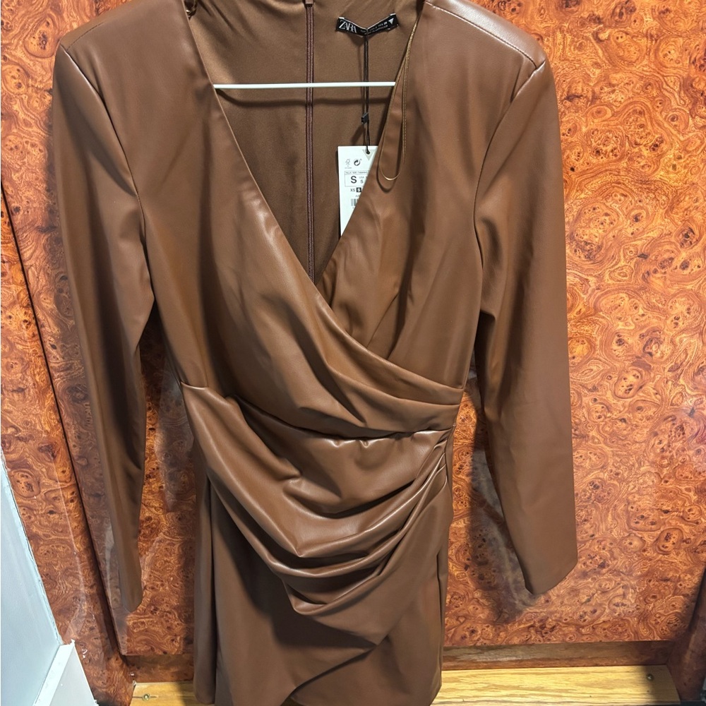 Zara Brown Long Sleeve Faux Leather Dress
